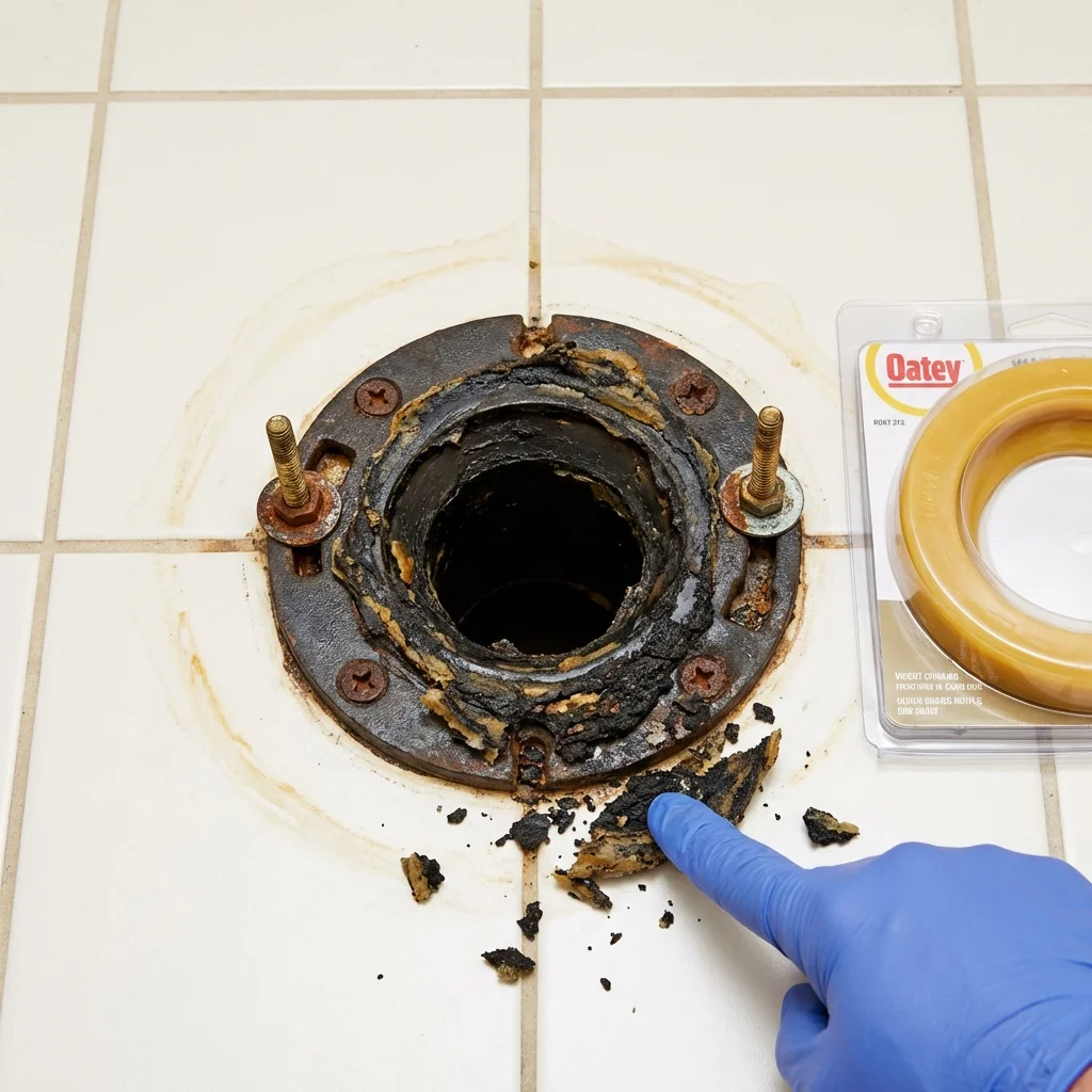Failed wax ring showing water seepage at the base of a toilet in a Tracy, MN home