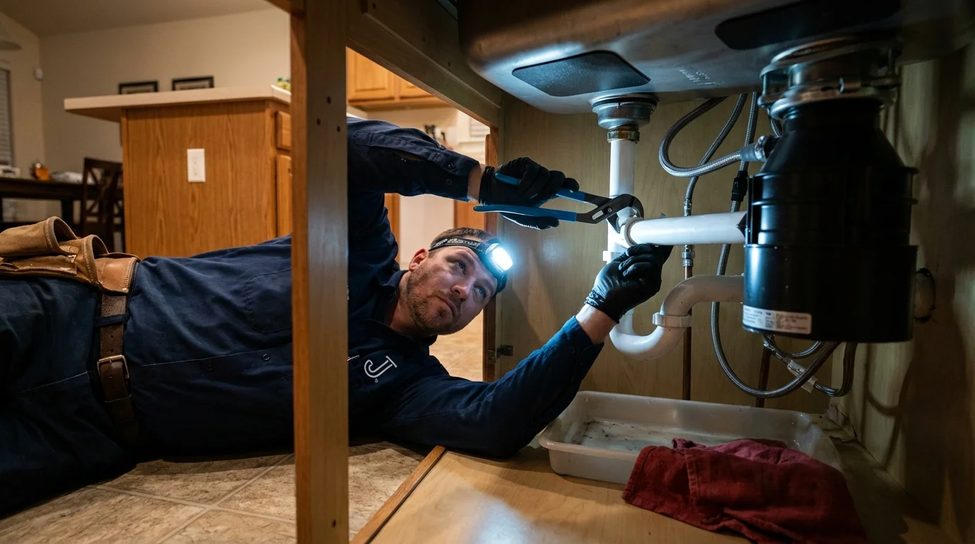 P-trap and supply line connections under a kitchen sink showing a common leak point in Tracy, MN